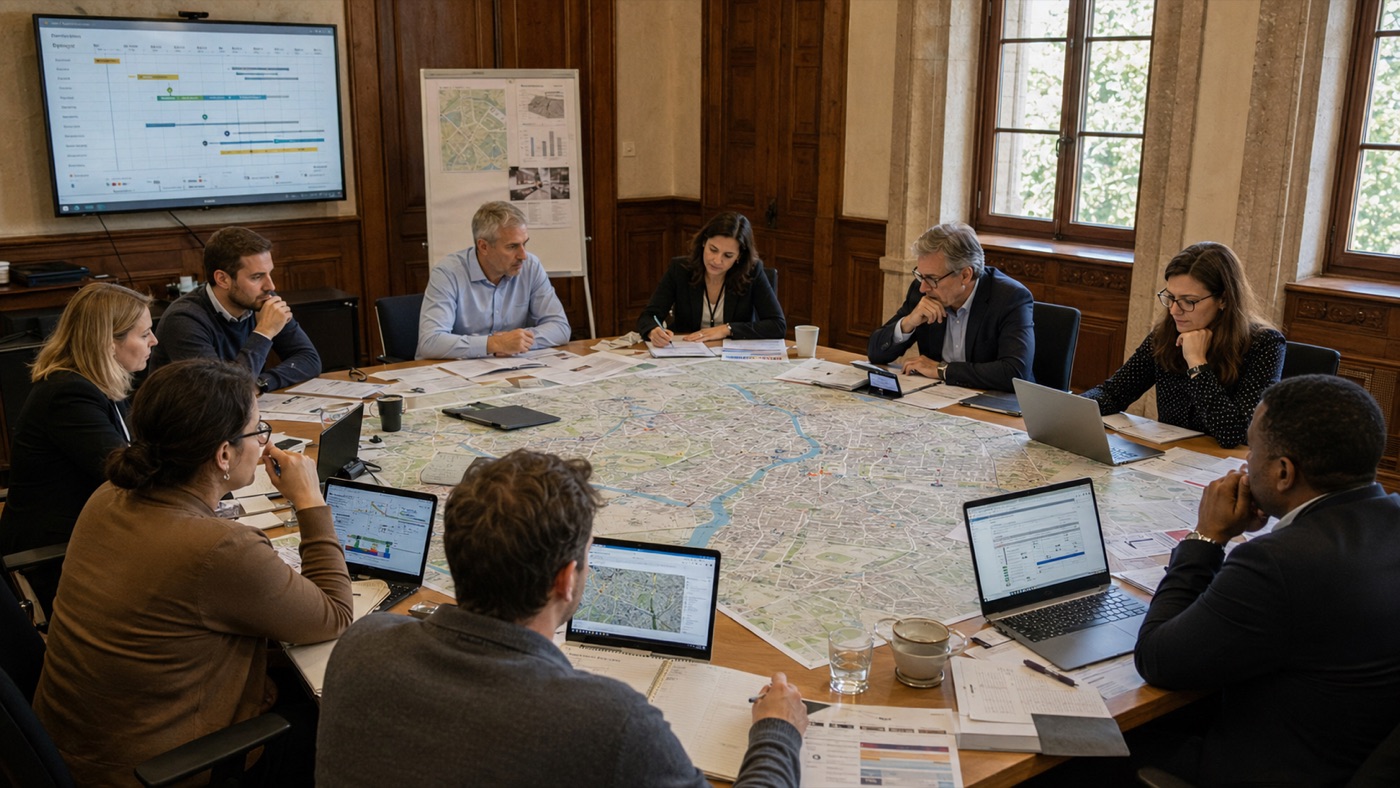 Cellule de crise en exercice de simulation autour d'une carte de l'Eurométropole de Strasbourg, dirigeants et experts Arkane en situation de décision sous tension