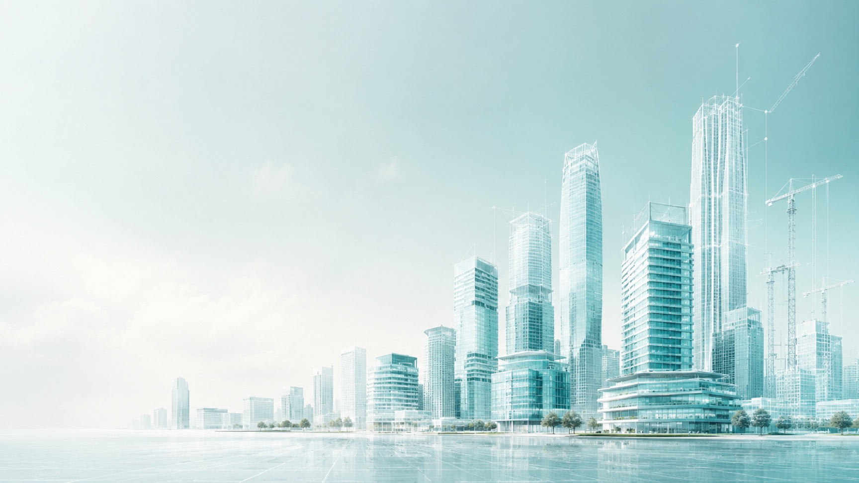 Skyline de tours de bureaux en verre et grues de chantier illustrant les enjeux de communication de crise pour les promoteurs immobiliers, la construction et le BTP à Strasbourg et en Grand Est